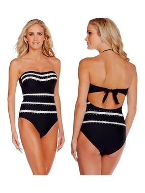  Jessica Simpson Black Bandeau One-Piece Swimsuit with Gold Studs, Size XL 
